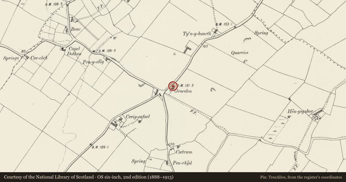 Ordnance Survey six-inch map, 2nd edition (1888–1913) covering the location of Ty Hir, Aberffraw, Isle of Anglesey, with a pin at the register's coordinates