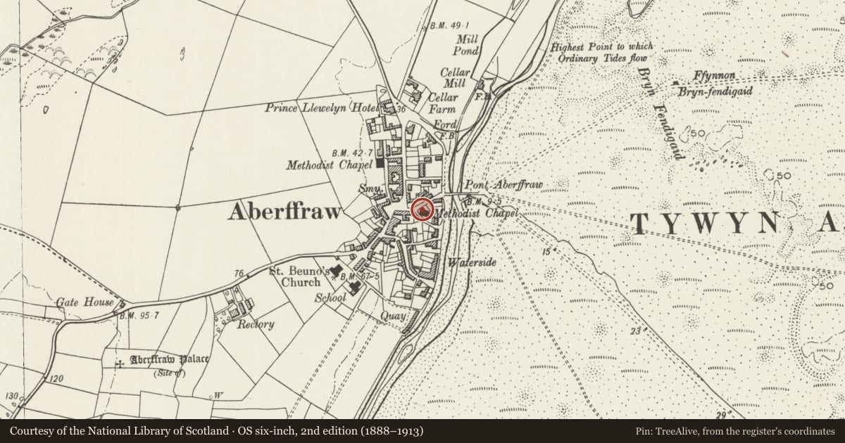 Ordnance Survey six-inch map, 2nd edition (1888–1913) covering the location of Seion Methodist Chapel, including railings to forecourt, Aberffraw, Isle of Anglesey, with a pin at the register's coordinates