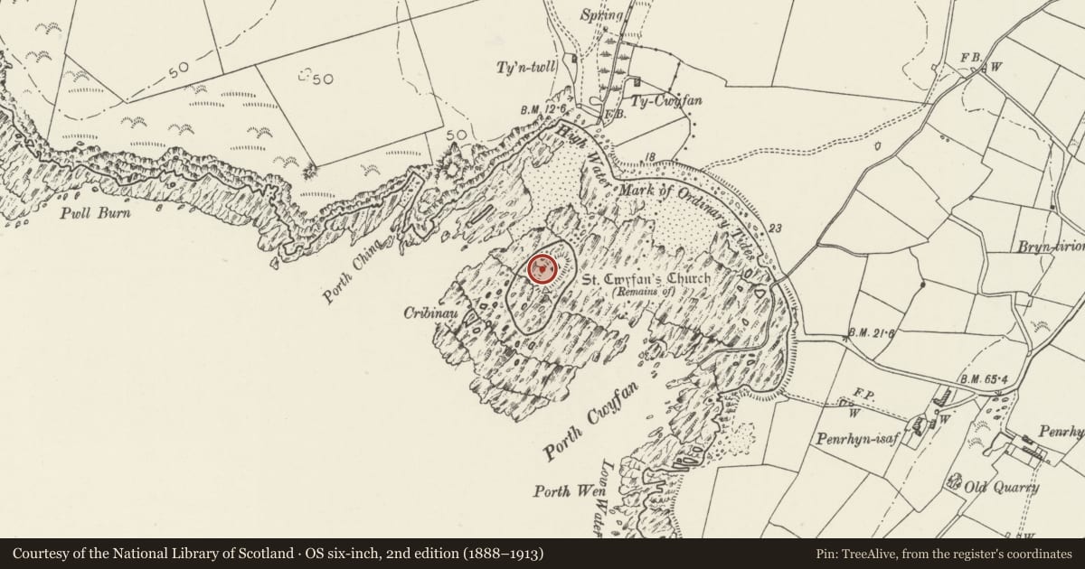 Ordnance Survey six-inch map, 2nd edition (1888–1913) covering the location of Retaining Wall for Church of St. Cwyfan, Aberffraw, Isle of Anglesey, with a pin at the register's coordinates