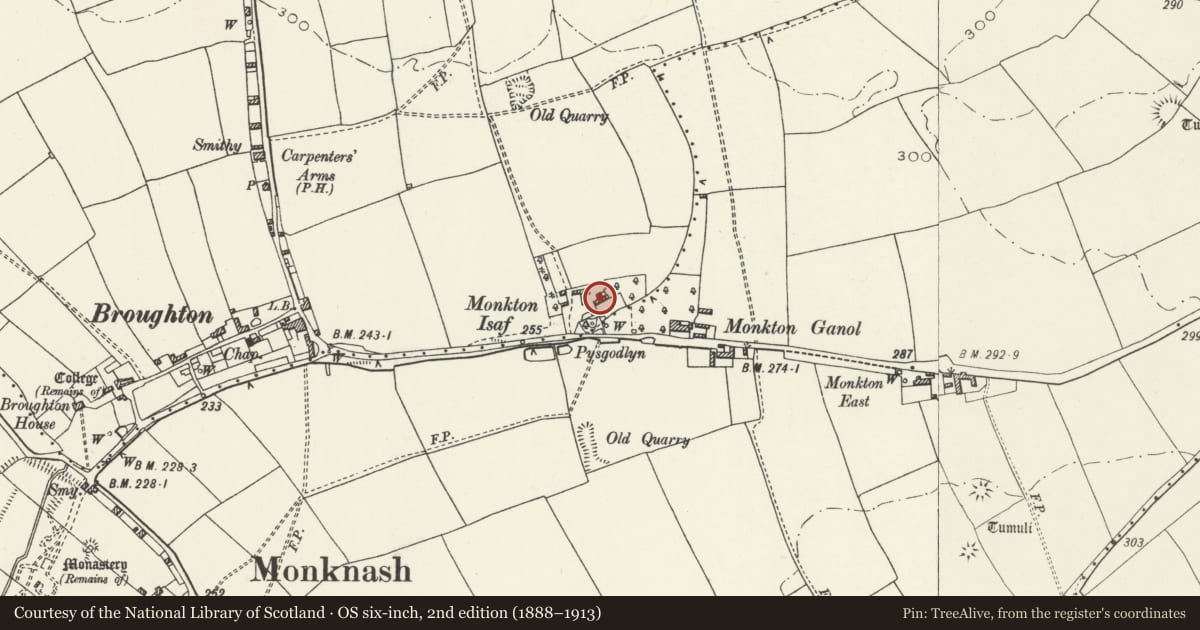 Ordnance Survey six-inch map, 2nd edition (1888–1913) covering the location of Monkton Isaf, Wick, Vale of Glamorgan, with a pin at the register's coordinates