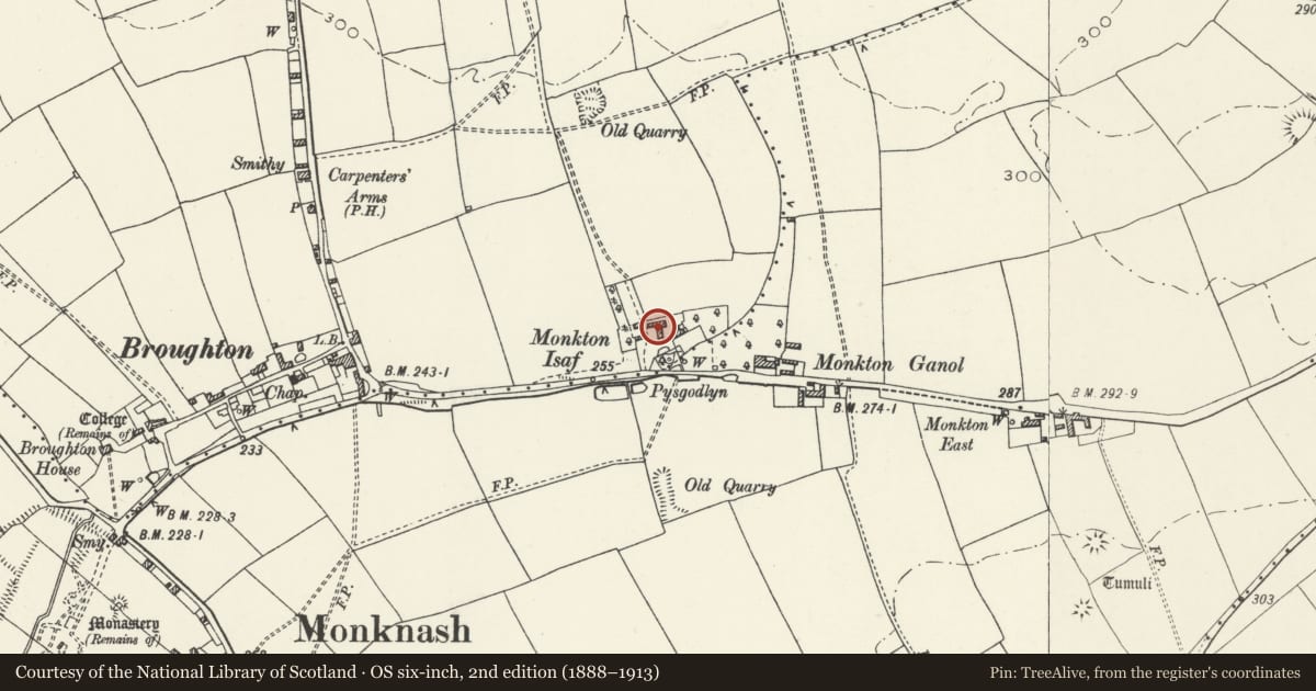Ordnance Survey six-inch map, 2nd edition (1888–1913) covering the location of Barn with Stables at Monkton Isaf, Wick, Vale of Glamorgan, with a pin at the register's coordinates