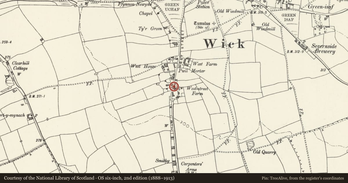 Ordnance Survey six-inch map, 2nd edition (1888–1913) covering the location of Brooks Farm and adjoining range aka Brook Farm, Wick, Vale of Glamorgan, with a pin at the register's coordinates