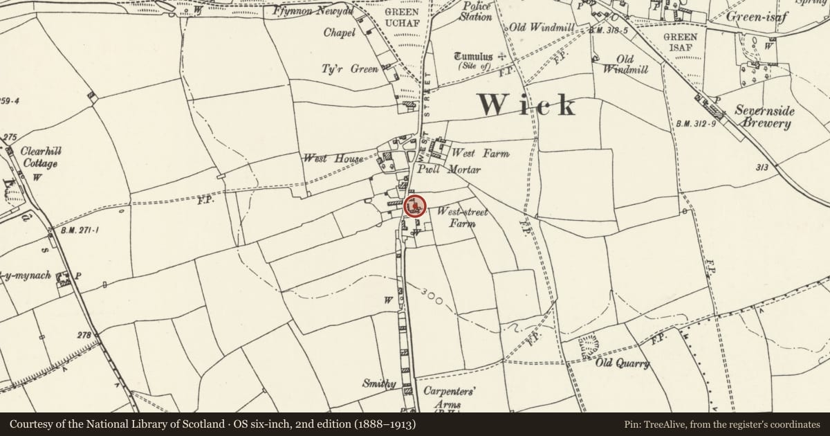 Ordnance Survey six-inch map, 2nd edition (1888–1913) covering the location of Farm Range to NE of Brooks Farm, Wick, Vale of Glamorgan, with a pin at the register's coordinates