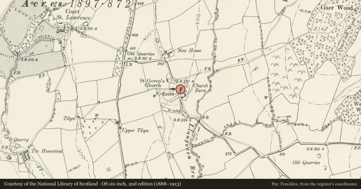 Ordnance Survey six-inch map, 2nd edition (1888–1913) covering the location of Outbuilding to S of Church Farmhouse, Mitchel Troy, Monmouthshire, with a pin at the register's coordinates