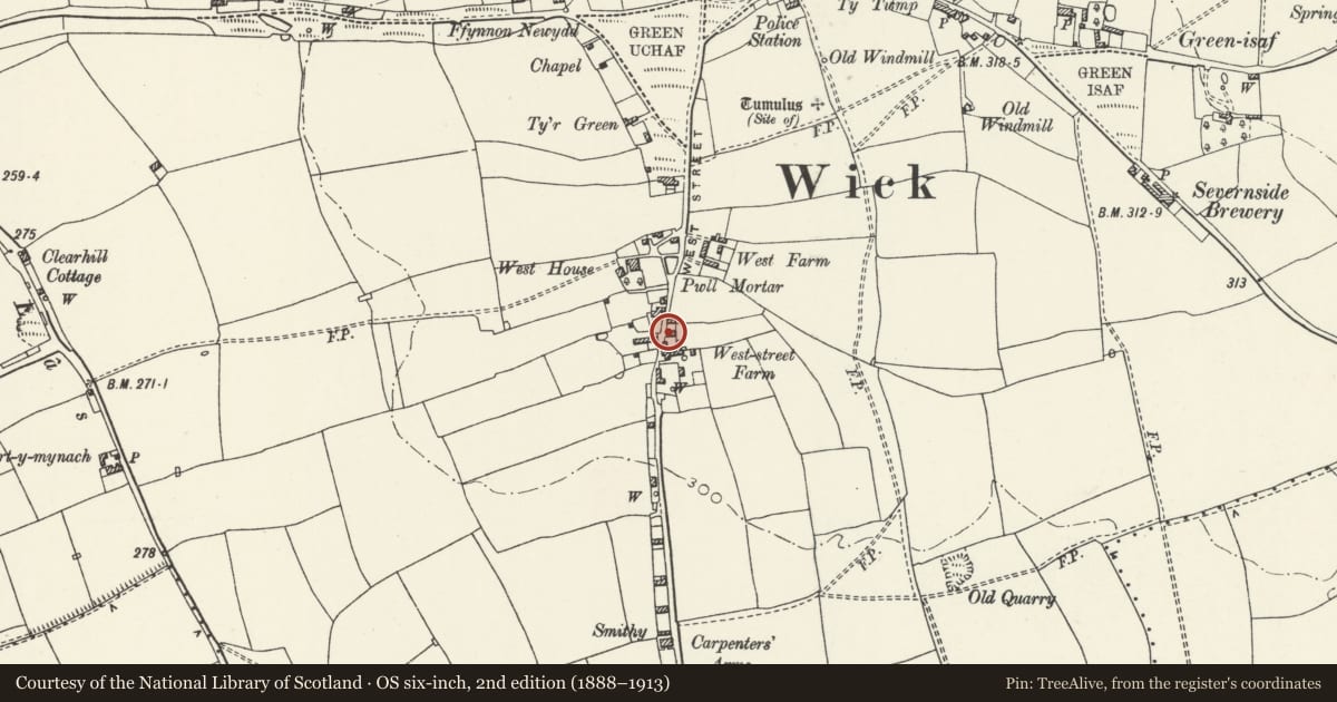 Ordnance Survey six-inch map, 2nd edition (1888–1913) covering the location of Cow-house and Stable Range to NE of Brooks Farm, Wick, Vale of Glamorgan, with a pin at the register's coordinates