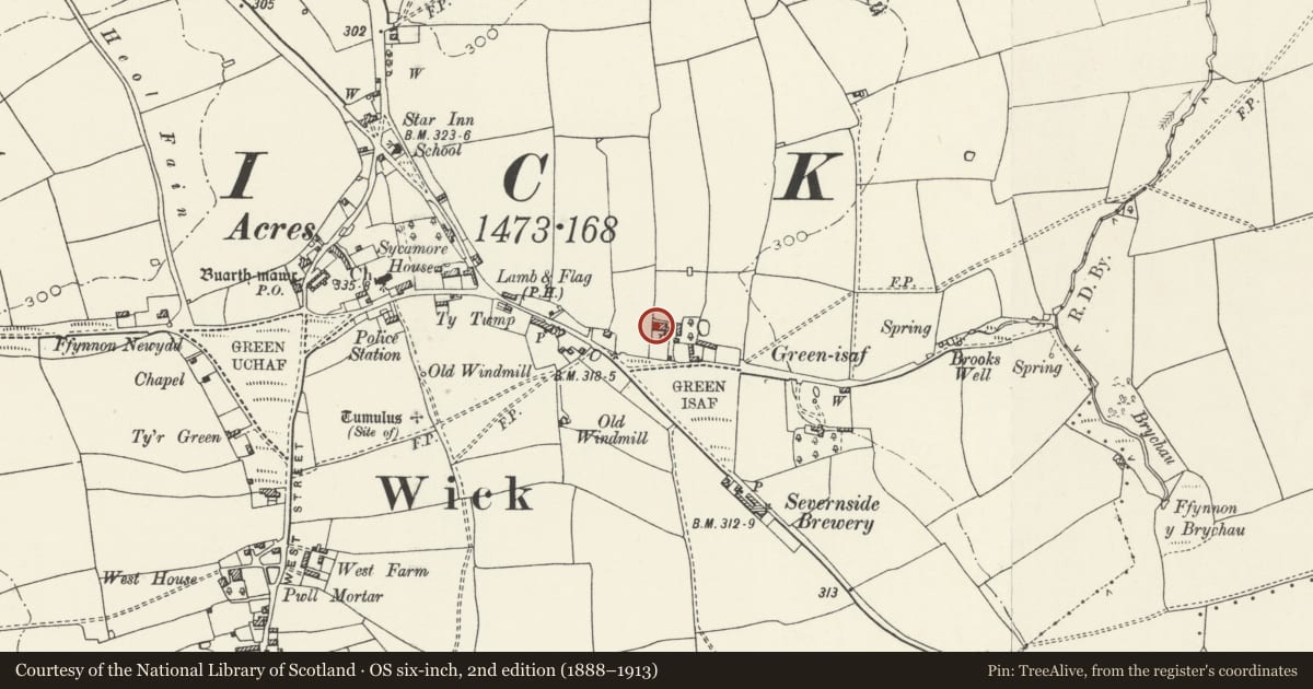 Ordnance Survey six-inch map, 2nd edition (1888–1913) covering the location of Green Isha Farm with adjoining stables and dovecote, Wick, Vale of Glamorgan, with a pin at the register's coordinates