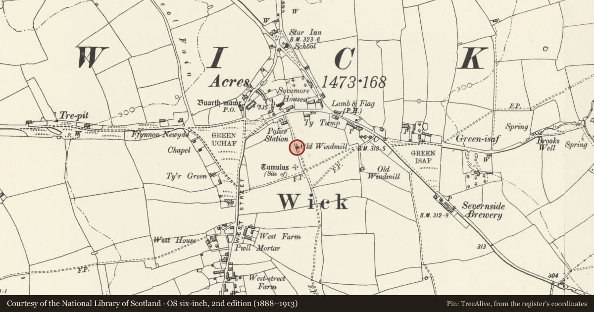 Ordnance Survey six-inch map, 2nd edition (1888–1913) covering the location of Ruined Windmill Tower, Wick, Vale of Glamorgan, with a pin at the register's coordinates