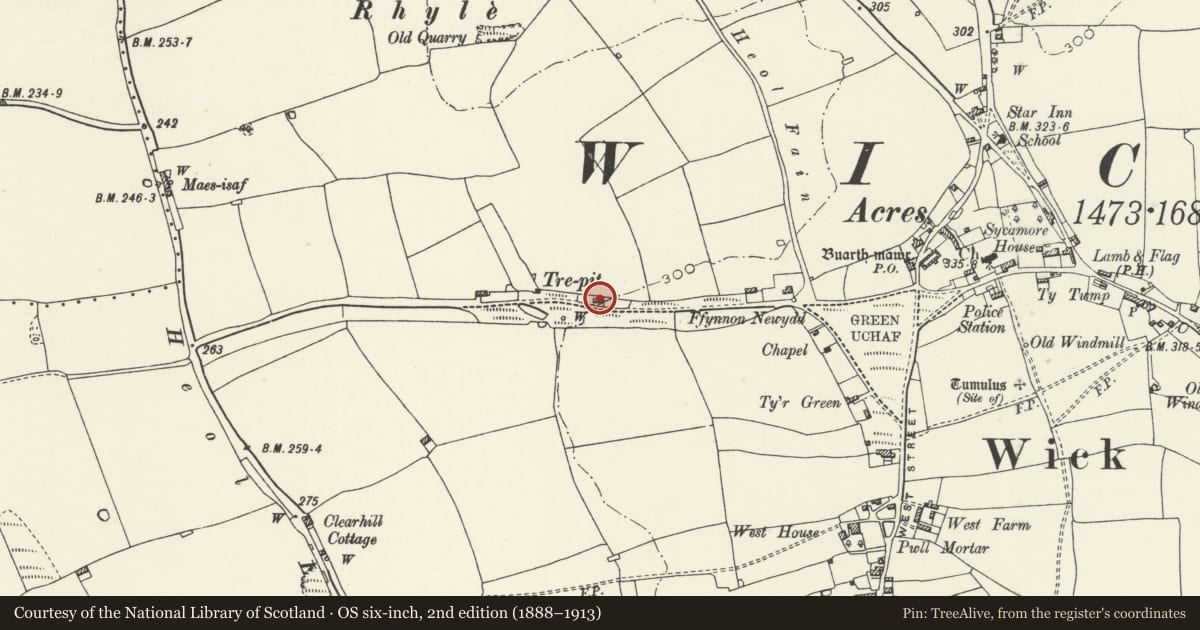 Ordnance Survey six-inch map, 2nd edition (1888–1913) covering the location of Trepit Cottage, Wick, Vale of Glamorgan, with a pin at the register's coordinates