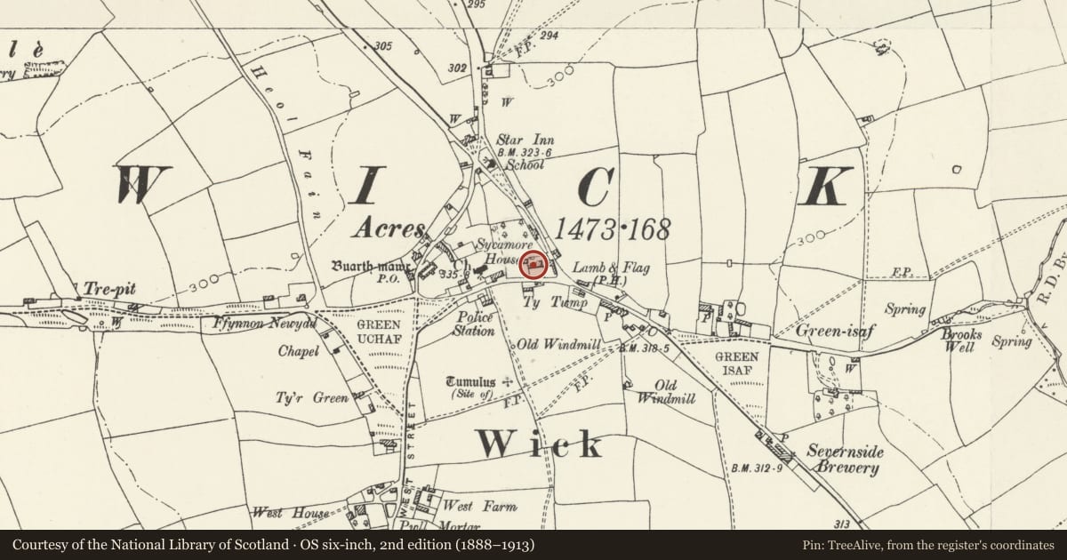 Ordnance Survey six-inch map, 2nd edition (1888–1913) covering the location of Sycamore House, Wick, Vale of Glamorgan, with a pin at the register's coordinates