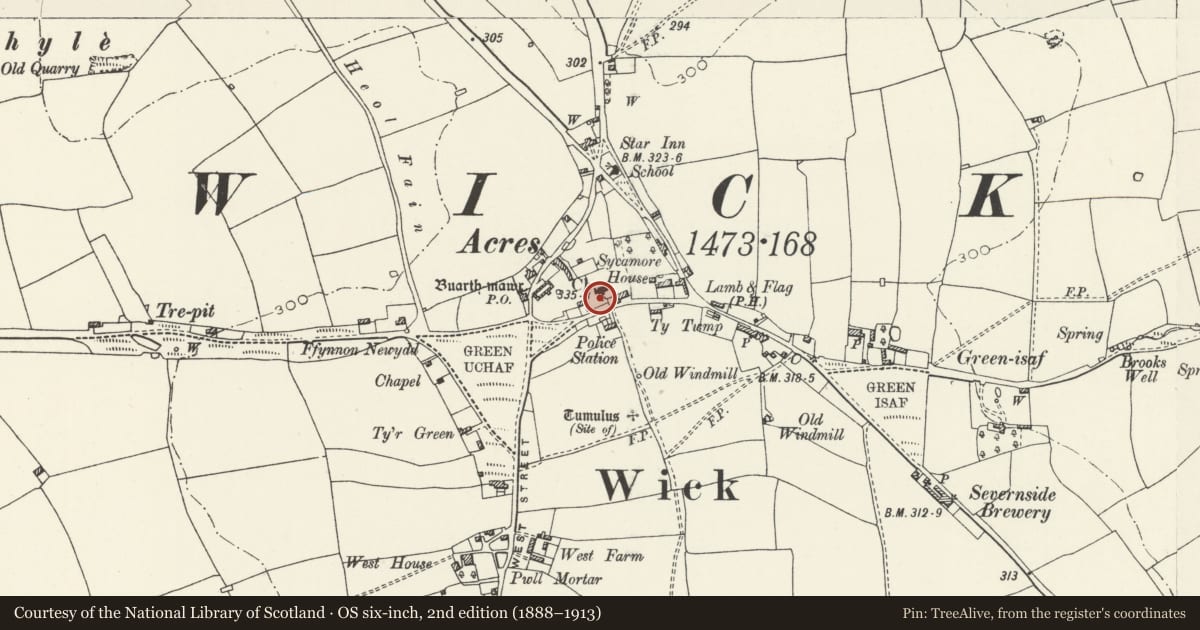 Ordnance Survey six-inch map, 2nd edition (1888–1913) covering the location of Remains of Preaching Cross, Church of St. James, Wick, Vale of Glamorgan, with a pin at the register's coordinates