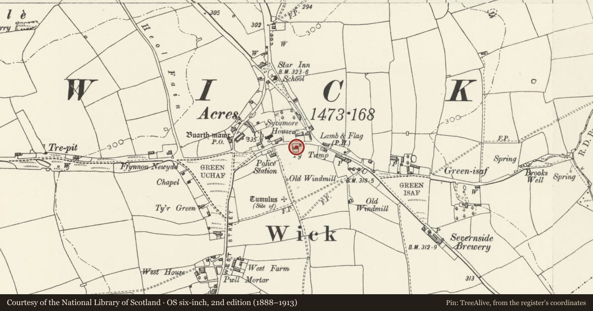 Ordnance Survey six-inch map, 2nd edition (1888–1913) covering the location of Primrose Cottage, Wick, Vale of Glamorgan, with a pin at the register's coordinates