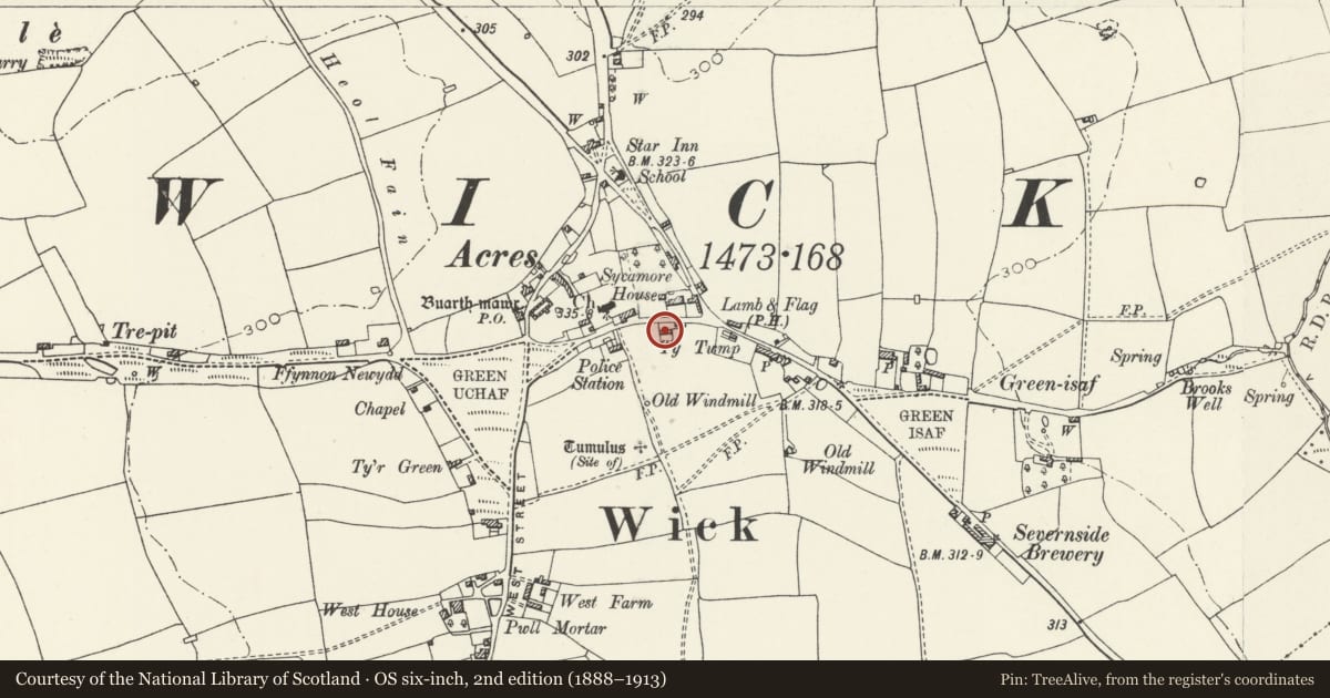 Ordnance Survey six-inch map, 2nd edition (1888–1913) covering the location of Bluebell Cottage, Wick, Vale of Glamorgan, with a pin at the register's coordinates