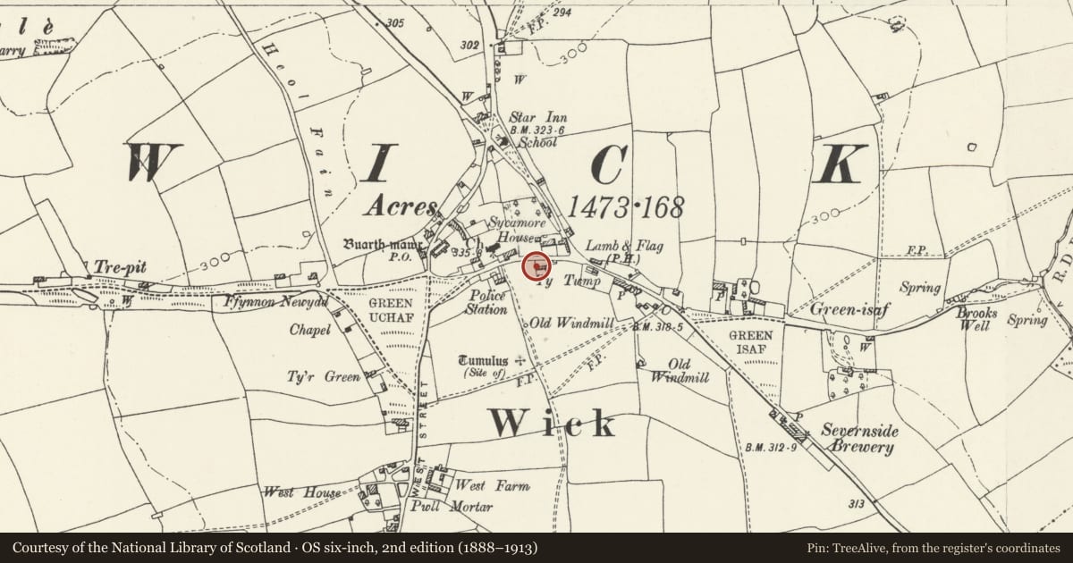 Ordnance Survey six-inch map, 2nd edition (1888–1913) covering the location of Lamb Cottage, Wick, Vale of Glamorgan, with a pin at the register's coordinates