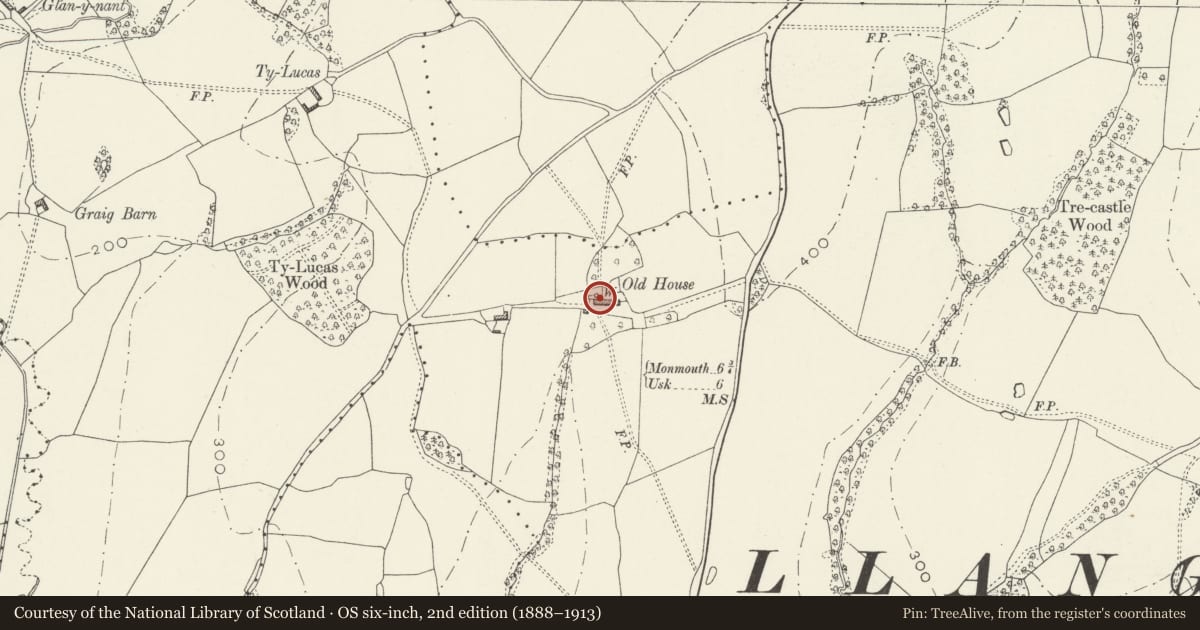 Ordnance Survey six-inch map, 2nd edition (1888–1913) covering the location of Old House including attached outbuildings, Mitchel Troy, Monmouthshire, with a pin at the register's coordinates