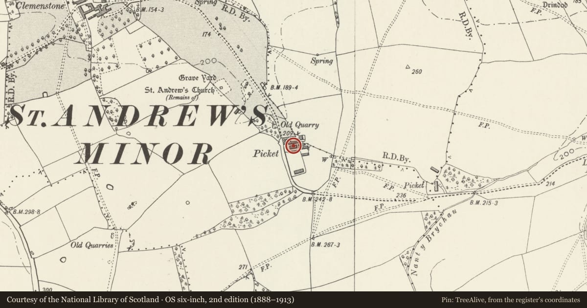 Ordnance Survey six-inch map, 2nd edition (1888–1913) covering the location of Outbuilding at Church Farm, Wick, Vale of Glamorgan, with a pin at the register's coordinates