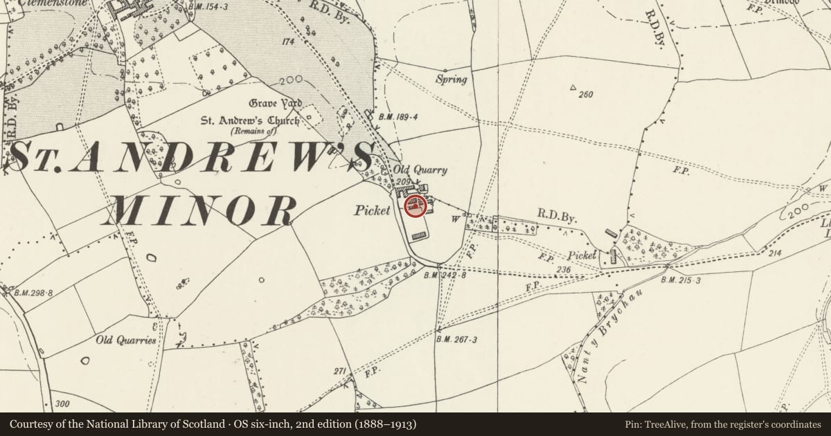 Ordnance Survey six-inch map, 2nd edition (1888–1913) covering the location of Outbuilding at Church Farm, Wick, Vale of Glamorgan, with a pin at the register's coordinates