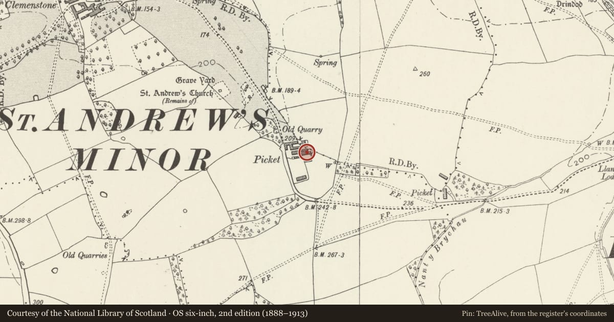 Ordnance Survey six-inch map, 2nd edition (1888–1913) covering the location of Outbuiding at Church Farm, Wick, Vale of Glamorgan, with a pin at the register's coordinates