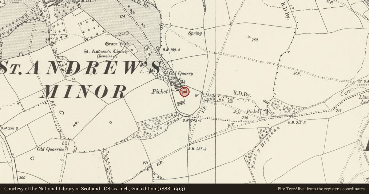 Ordnance Survey six-inch map, 2nd edition (1888–1913) covering the location of Outbuilding at Church farm, Wick, Vale of Glamorgan, with a pin at the register's coordinates