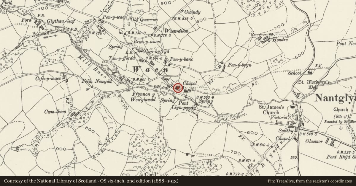 Ordnance Survey six-inch map, 2nd edition (1888–1913) covering the location of Waen Presbyterian Chapel and School Hall, Nantglyn, Denbighshire, with a pin at the register's coordinates