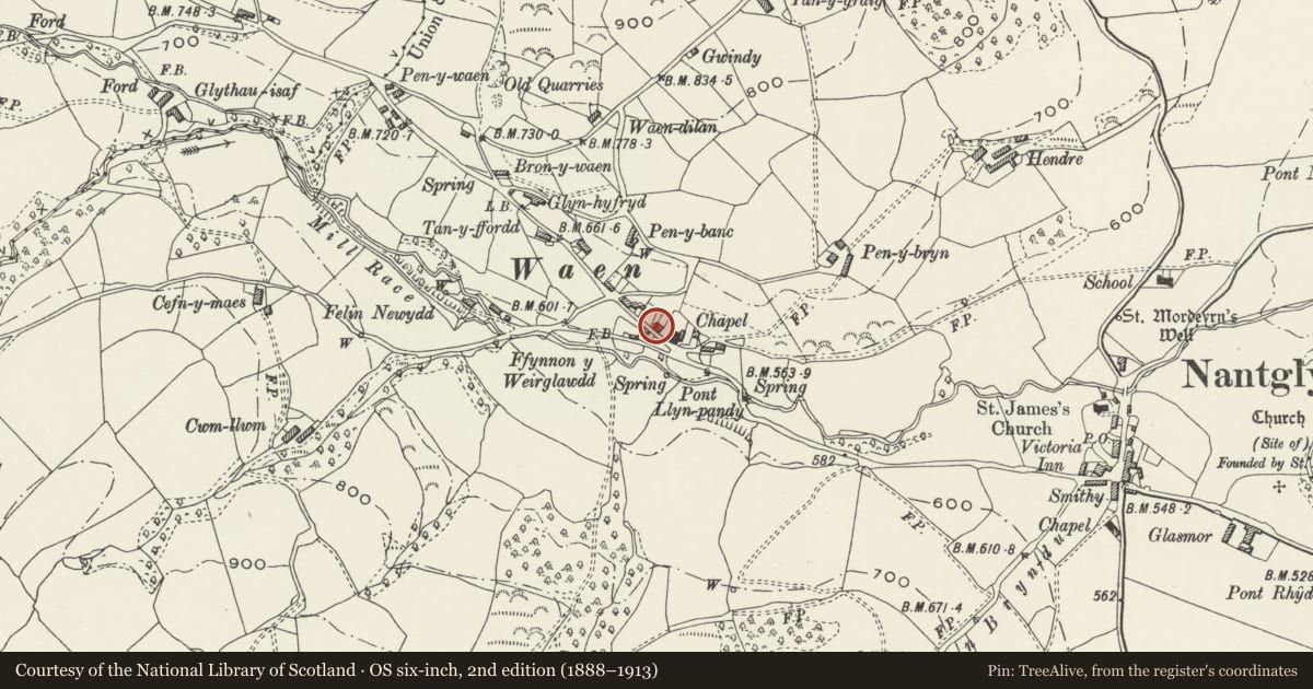 Ordnance Survey six-inch map, 2nd edition (1888–1913) covering the location of Former Stable at Waen Presbyterian Chapel, Nantglyn, Denbighshire, with a pin at the register's coordinates