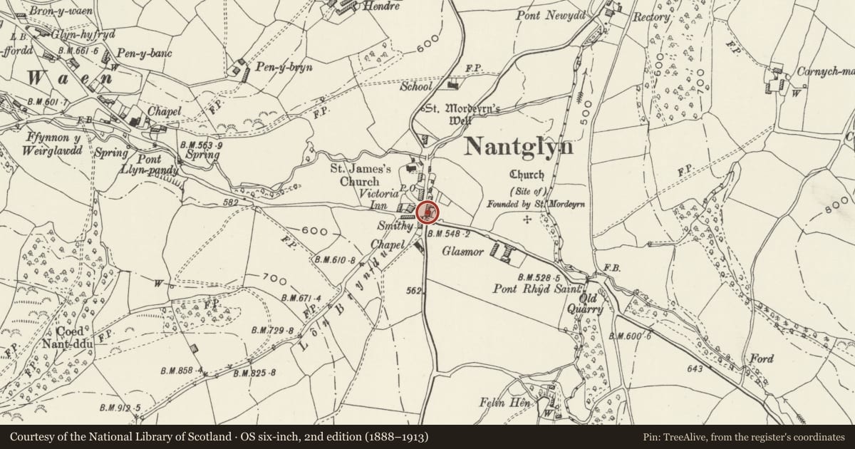 Ordnance Survey six-inch map, 2nd edition (1888–1913) covering the location of Glasmor, Nantglyn, Denbighshire, with a pin at the register's coordinates