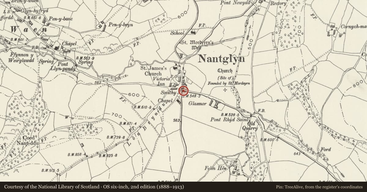 Ordnance Survey six-inch map, 2nd edition (1888–1913) covering the location of Agricultural Range immediately S of Glasmor, Nantglyn, Denbighshire, with a pin at the register's coordinates