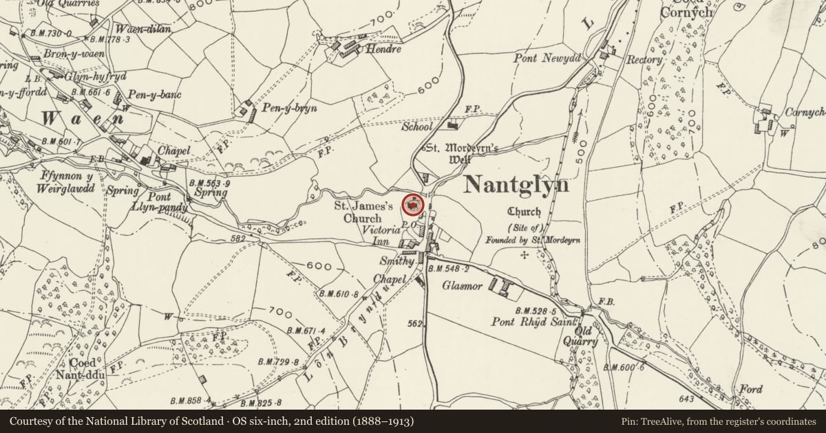 Ordnance Survey six-inch map, 2nd edition (1888–1913) covering the location of Parish Church of St James, Nantglyn, Denbighshire, with a pin at the register's coordinates
