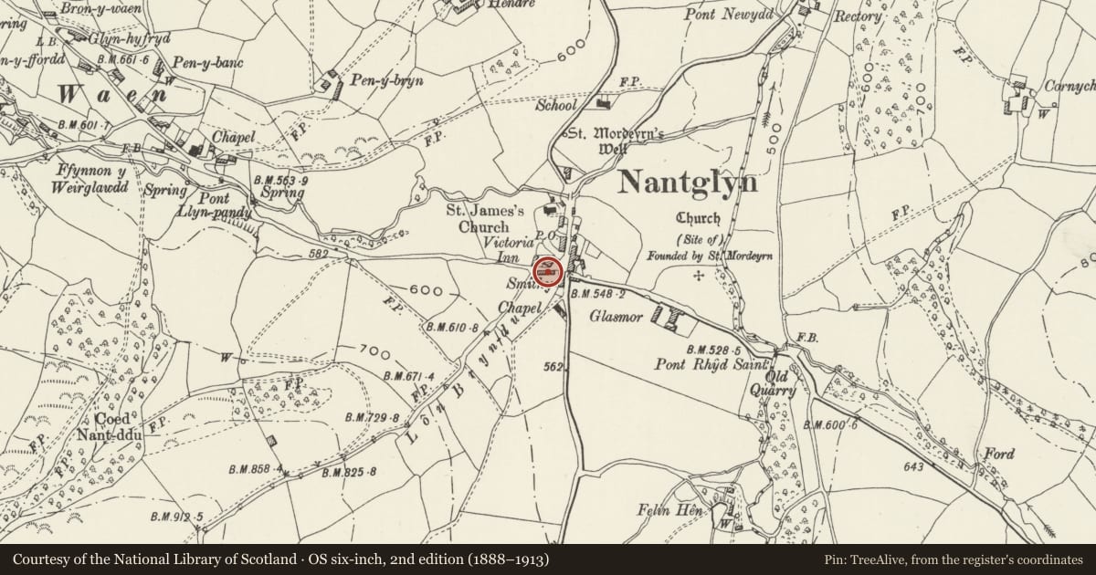 Ordnance Survey six-inch map, 2nd edition (1888–1913) covering the location of Barn Range to the W of Glasmor, Nantglyn, Denbighshire, with a pin at the register's coordinates