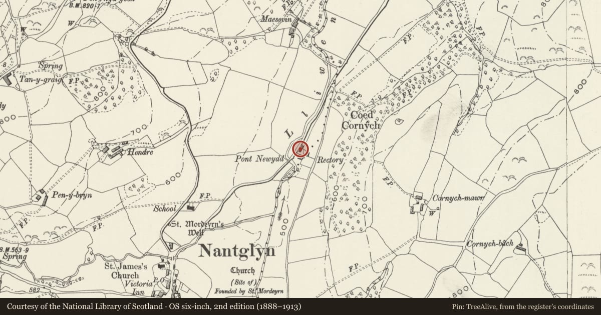Ordnance Survey six-inch map, 2nd edition (1888–1913) covering the location of The Rectory, Nantglyn, Denbighshire, with a pin at the register's coordinates