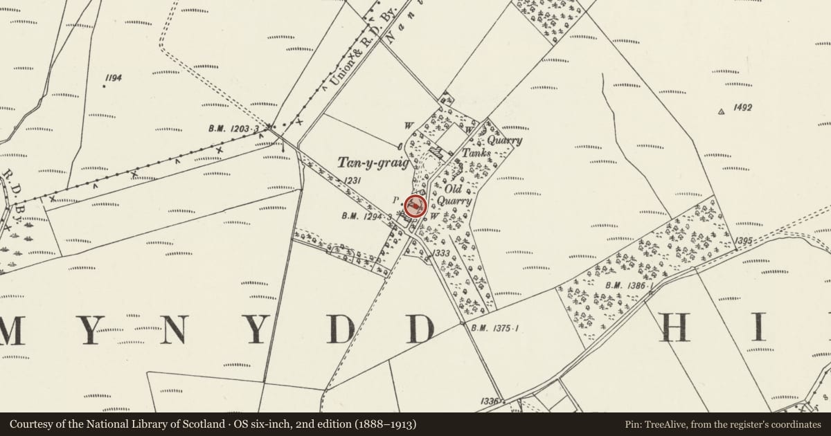 Ordnance Survey six-inch map, 2nd edition (1888–1913) covering the location of U-shaped Agricultural Range at Tan-y-graig, Nantglyn, Denbighshire, with a pin at the register's coordinates