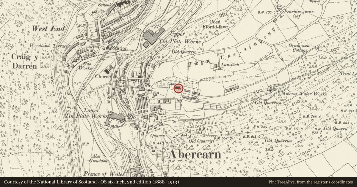Ordnance Survey six-inch map, 2nd edition (1888–1913) covering the location of Welsh Presbyterian Church, Abercarn, Caerphilly, with a pin at the register's coordinates