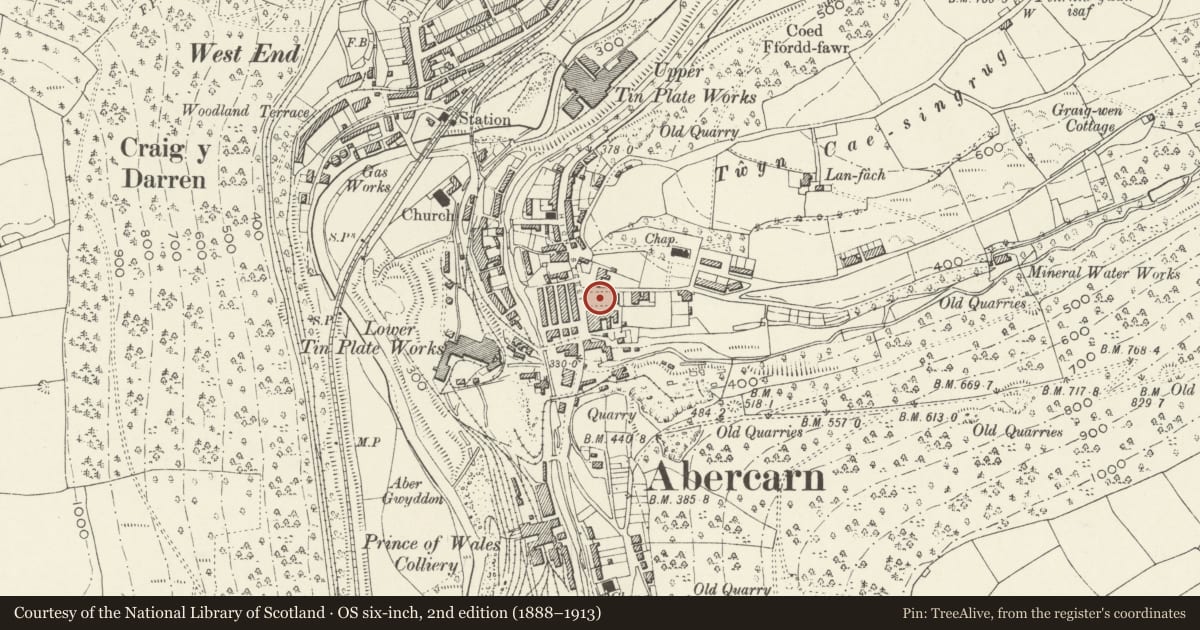 Ordnance Survey six-inch map, 2nd edition (1888–1913) covering the location of Abercarn War Memorial, Caerphilly, with a pin at the register's coordinates