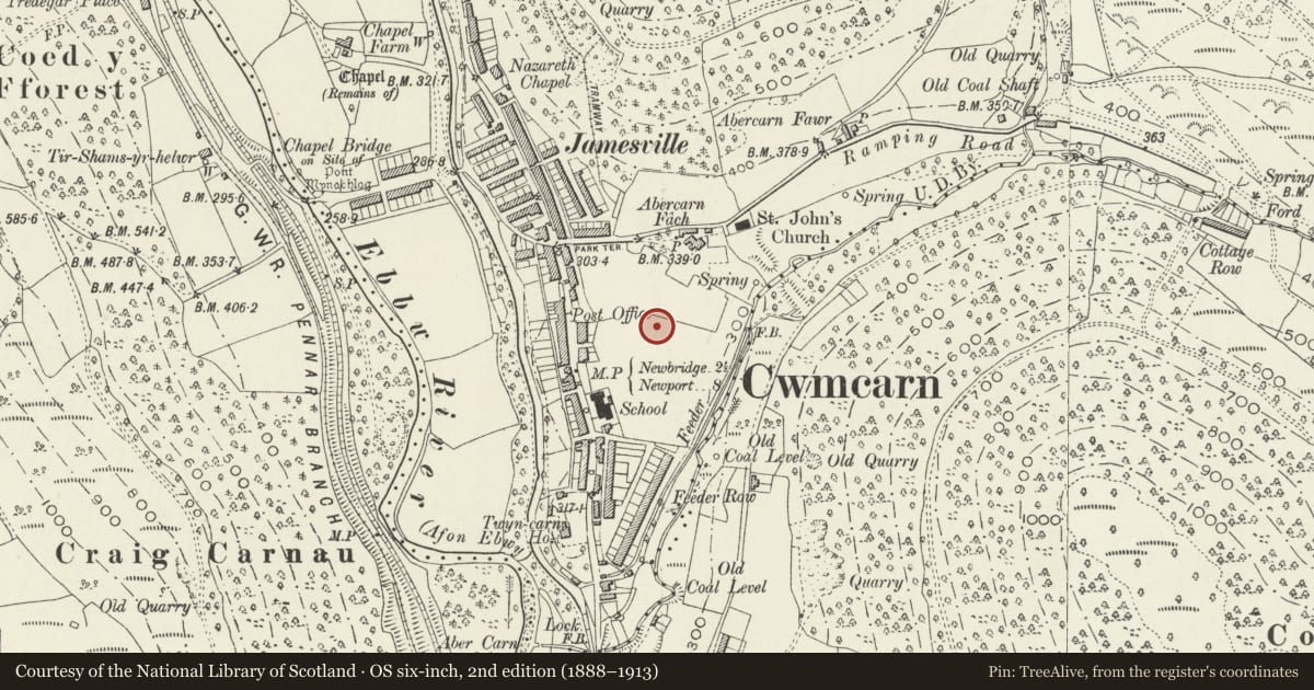 Ordnance Survey six-inch map, 2nd edition (1888–1913) covering the location of Cwmcarn War Memorial and surrounding railings, Abercarn, Caerphilly, with a pin at the register's coordinates
