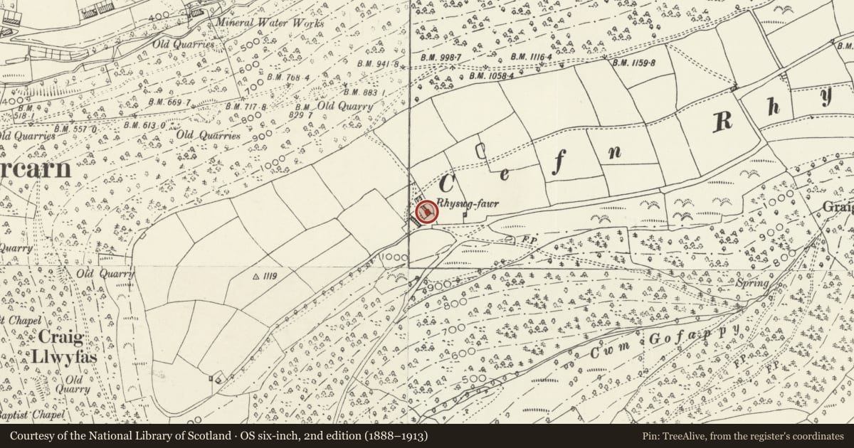 Ordnance Survey six-inch map, 2nd edition (1888–1913) covering the location of Barn at Rhyswg Fawr, Abercarn, Caerphilly, with a pin at the register's coordinates
