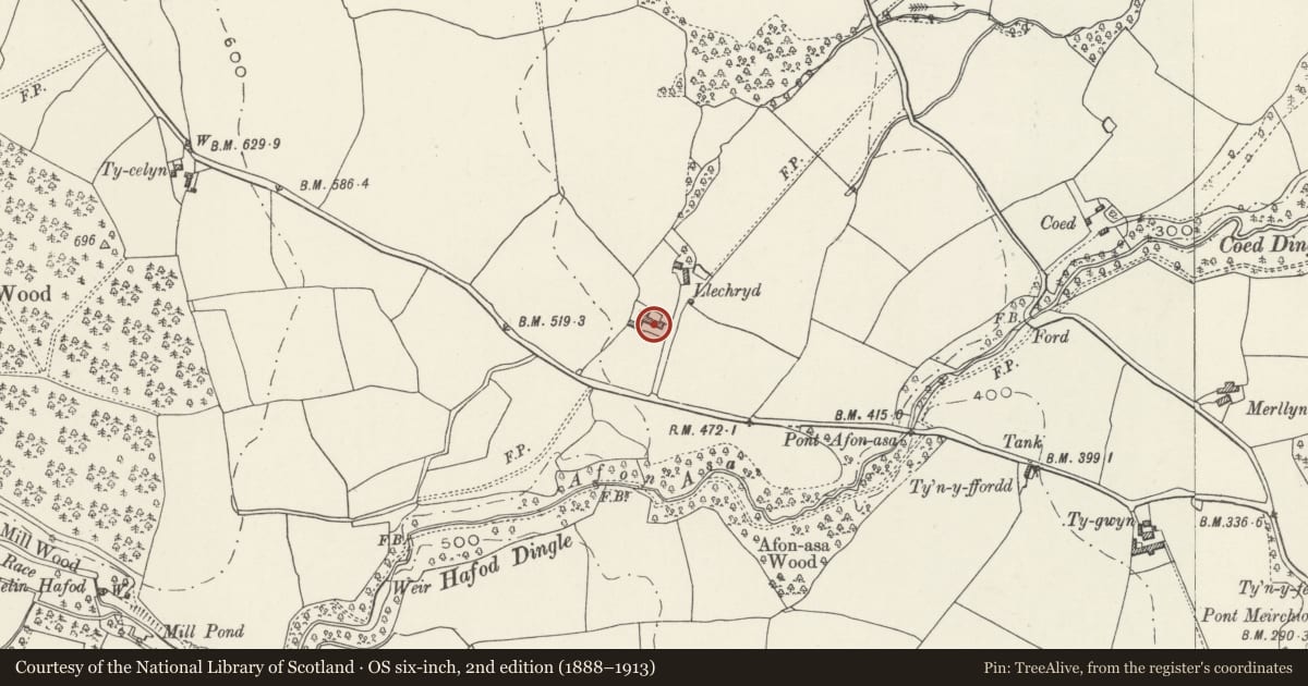 Ordnance Survey six-inch map, 2nd edition (1888–1913) covering the location of Barn at Llechryd, Llannefydd, Conwy, with a pin at the register's coordinates