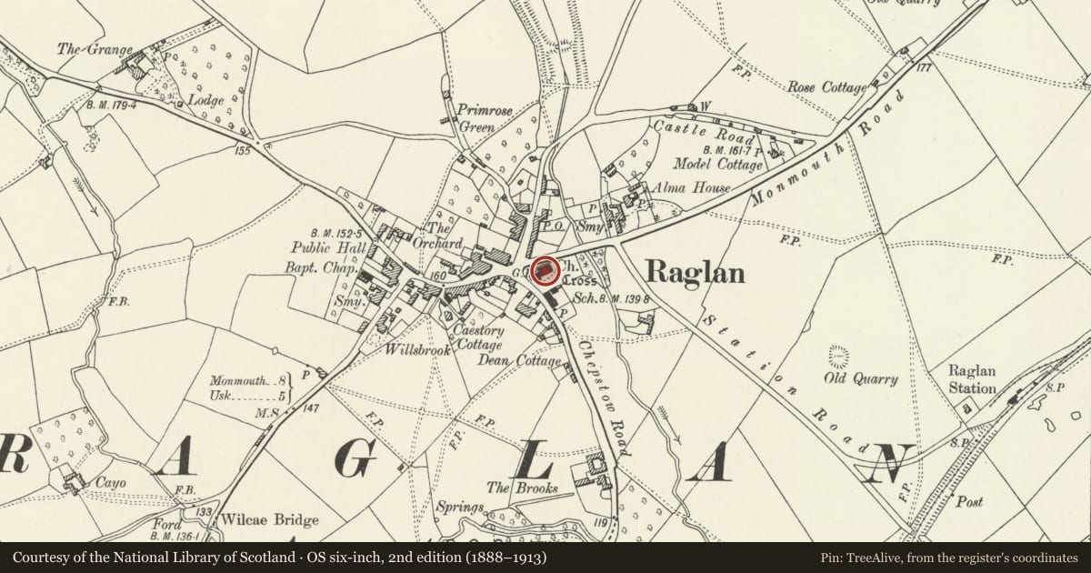 Ordnance Survey six-inch map, 2nd edition (1888–1913) covering the location of Church of St Cadoc, Raglan, Monmouthshire, with a pin at the register's coordinates