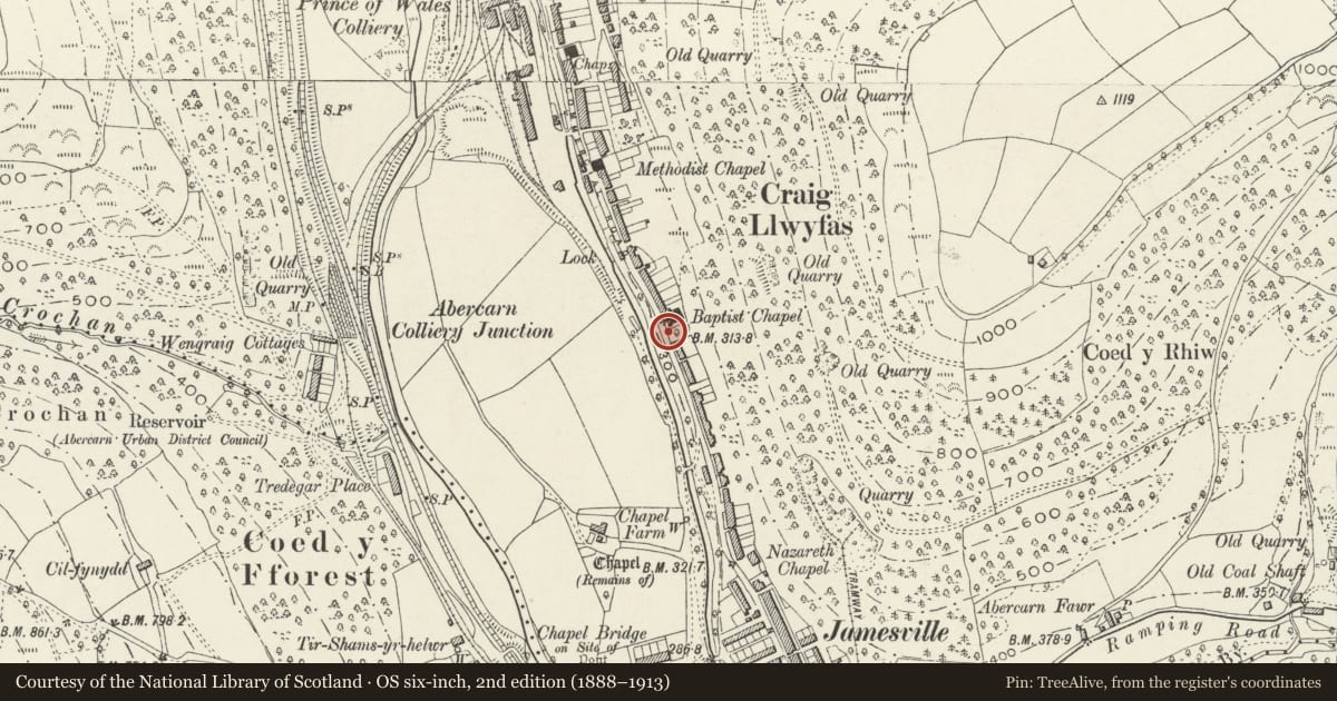 Ordnance Survey six-inch map, 2nd edition (1888–1913) covering the location of English Baptist Church Sunday School, Abercarn, Caerphilly, with a pin at the register's coordinates