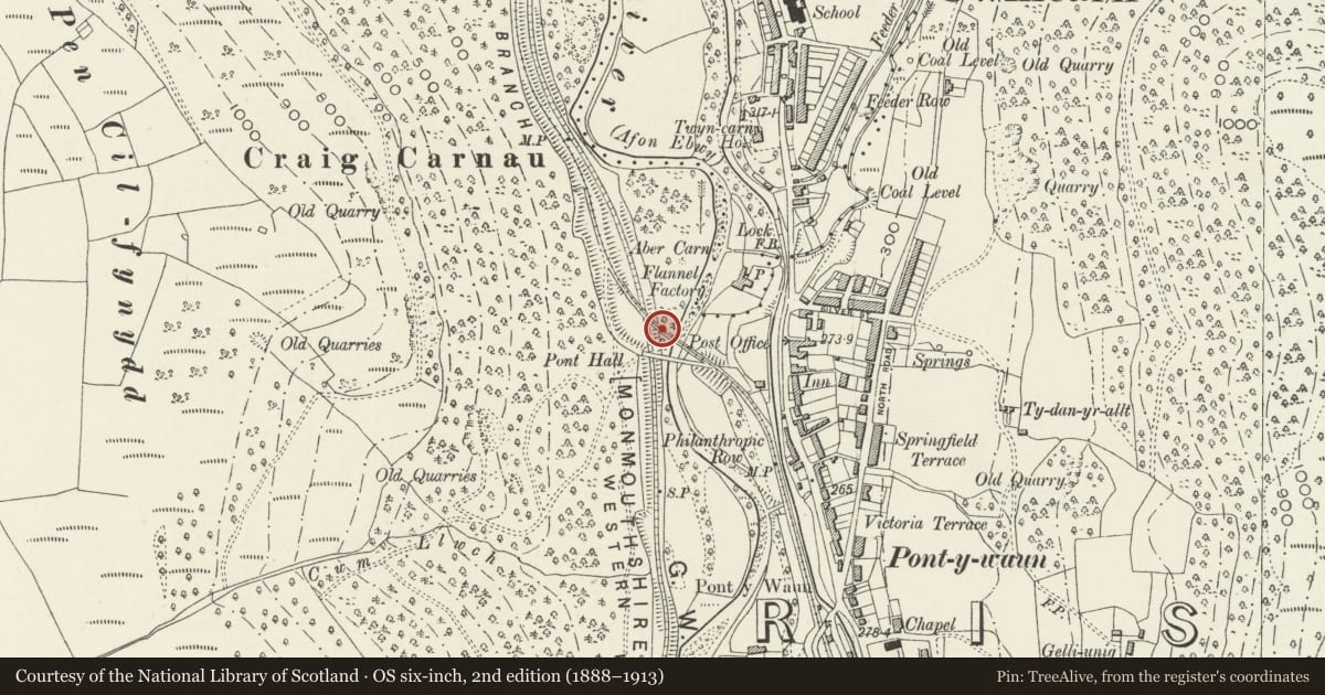 Ordnance Survey six-inch map, 2nd edition (1888–1913) covering the location of Hall's Bridge, Railway Viaduct over River Ebbw and Western Valleys Railway Line, Crosskeys, Caerphilly, with a pin at the register's coordinates