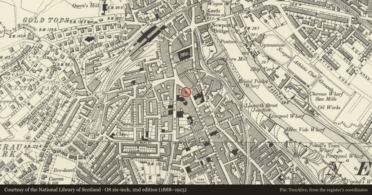 Ordnance Survey six-inch map, 2nd edition (1888–1913) covering the location of Westgate Chambers/Westgate Buildings (Nos.170-173 Consecutive), Stow Hill, Newport, with a pin at the register's coordinates