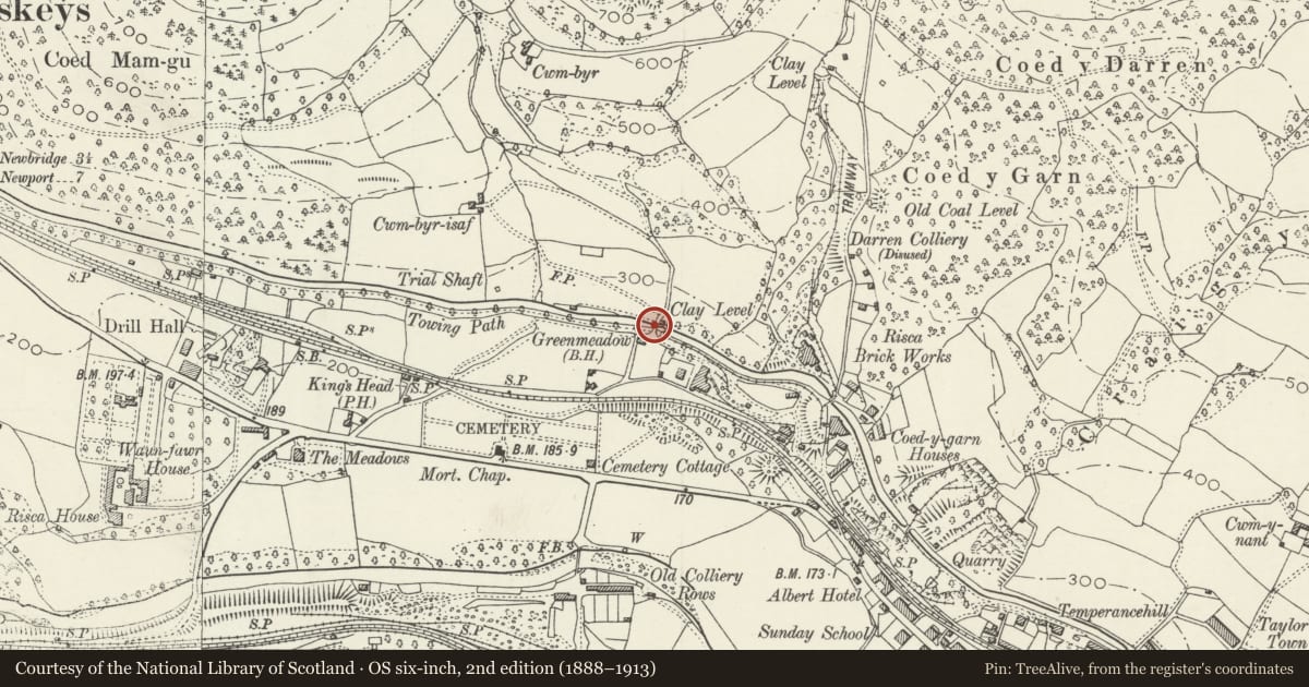 Ordnance Survey six-inch map, 2nd edition (1888–1913) covering the location of Canal Bridge over Monmouthshire and Brecon Canal E of Cwmbyr, Crosskeys, Caerphilly, with a pin at the register's coordinates