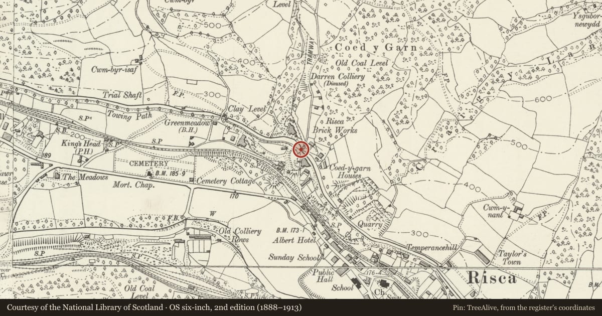 Ordnance Survey six-inch map, 2nd edition (1888–1913) covering the location of Canal Bridge over Monmouthshire and Brecon Canal at Darren Road, Risca, Caerphilly, with a pin at the register's coordinates