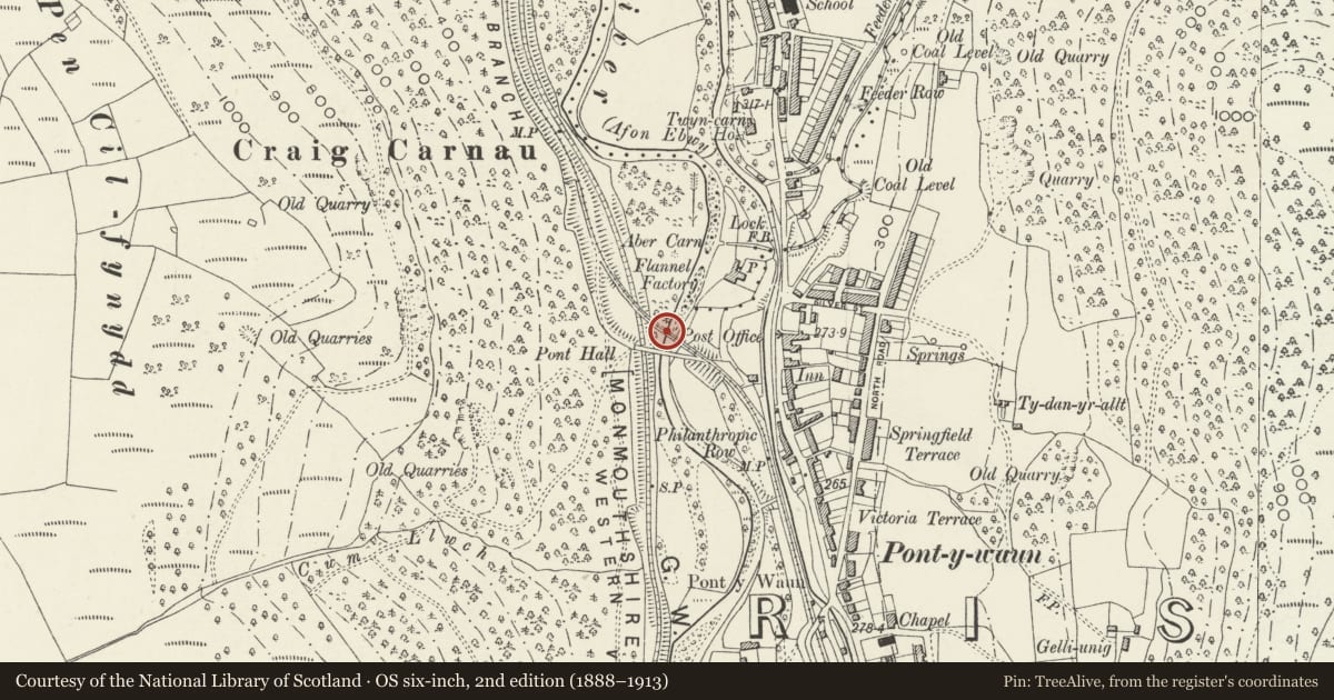 Ordnance Survey six-inch map, 2nd edition (1888–1913) covering the location of Hall's Bridge, Railway Viaduct over River Ebbw and Western Valleys Railway Line, Abercarn, Caerphilly, with a pin at the register's coordinates