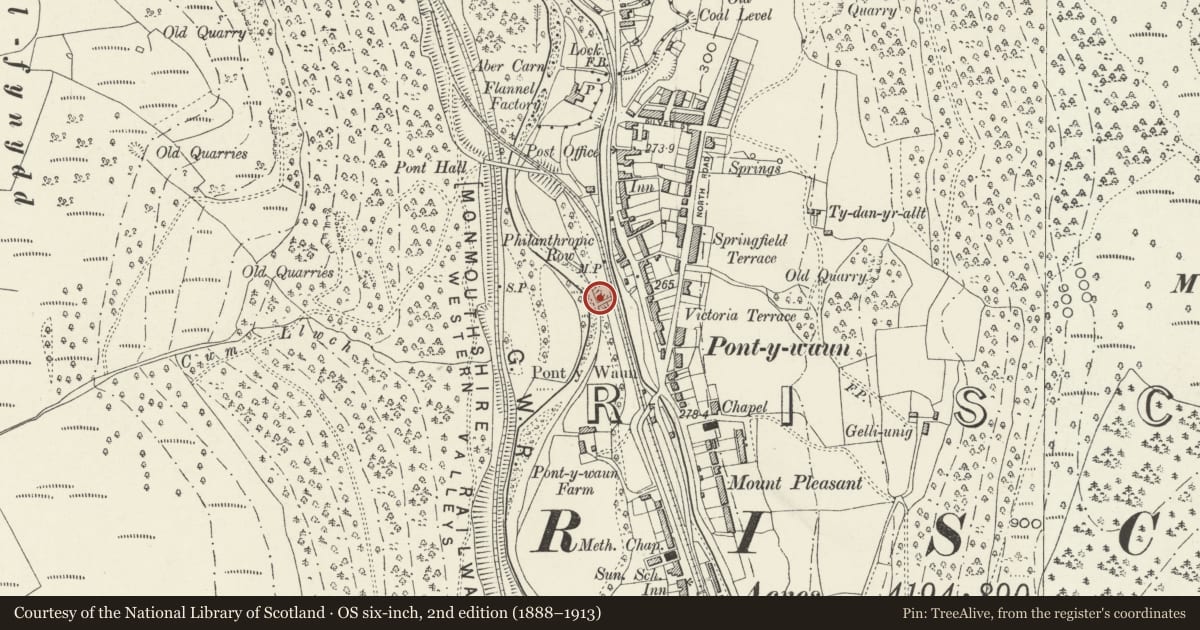 Ordnance Survey six-inch map, 2nd edition (1888–1913) covering the location of Former Railway bridge over canal outfall, Crosskeys, Caerphilly, with a pin at the register's coordinates