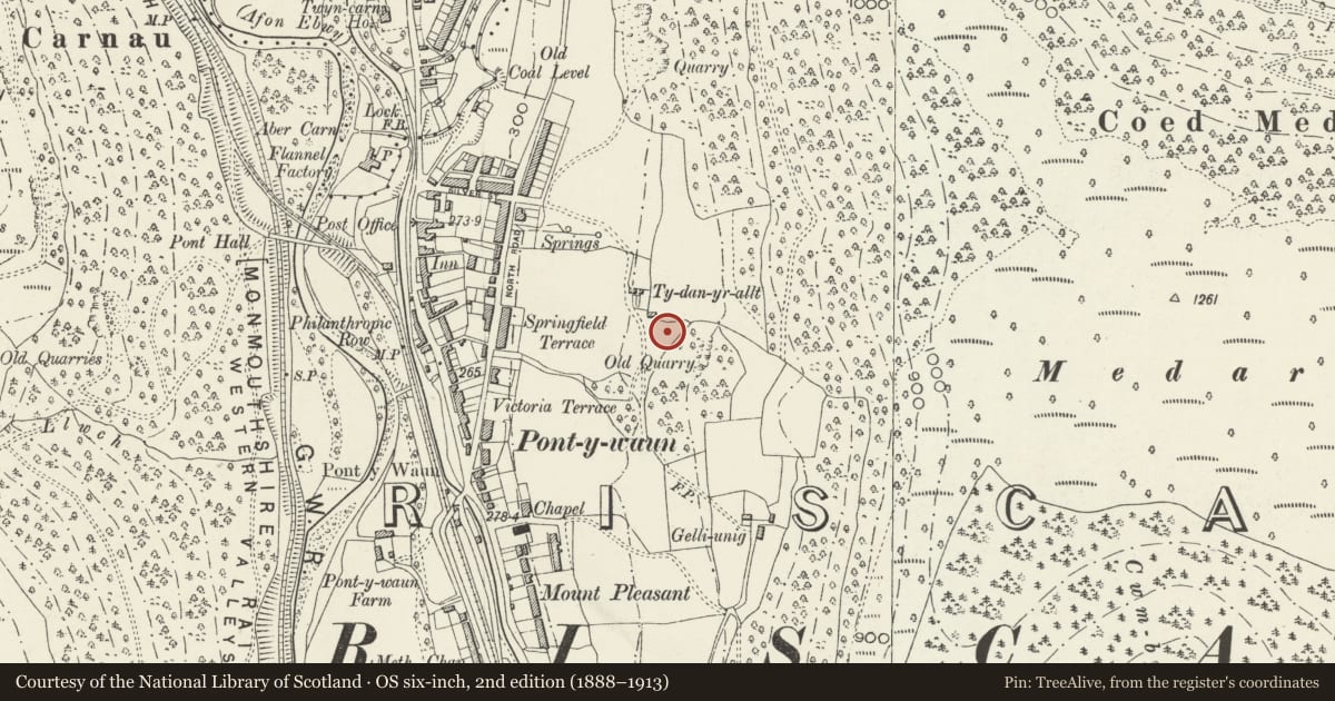 Ordnance Survey six-inch map, 2nd edition (1888–1913) covering the location of Generator Tower, Crosskeys, Caerphilly, with a pin at the register's coordinates
