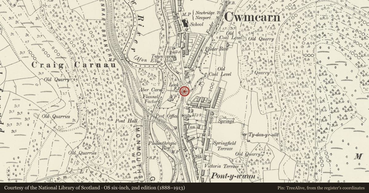 Ordnance Survey six-inch map, 2nd edition (1888–1913) covering the location of Abercarn Aqueduct and Bridge (partly in Abercarn Community), Caerphilly, with a pin at the register's coordinates