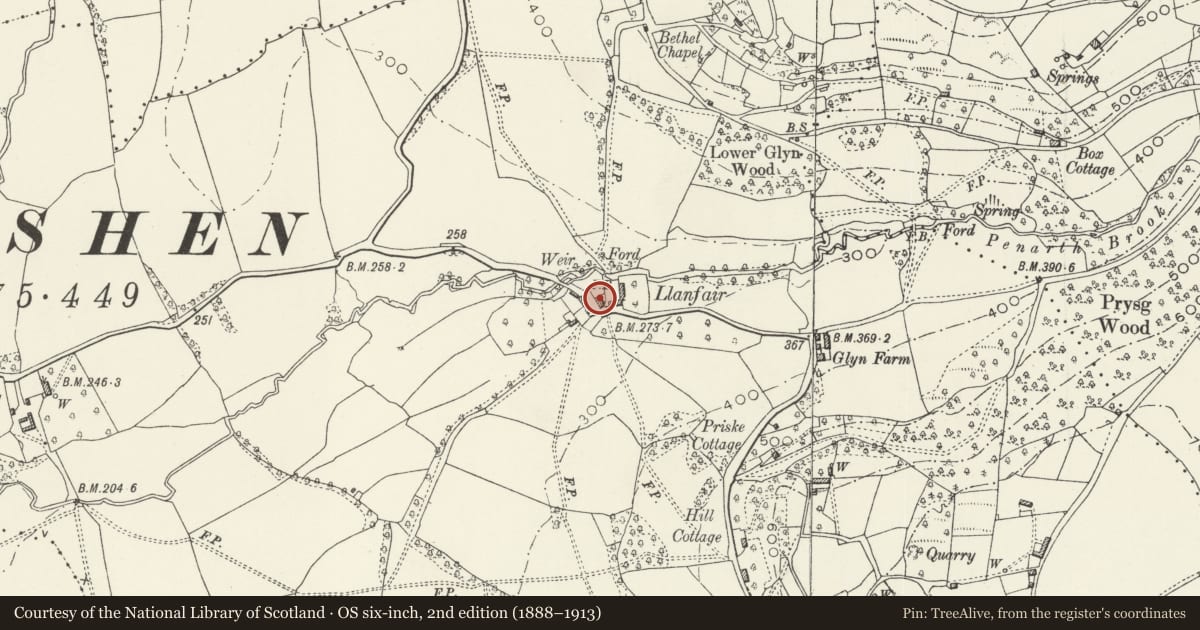 Ordnance Survey six-inch map, 2nd edition (1888–1913) covering the location of Llanvair Farmhouse, Trellech United, Monmouthshire, with a pin at the register's coordinates