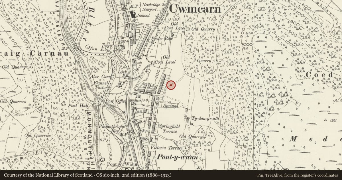 Ordnance Survey six-inch map, 2nd edition (1888–1913) covering the location of 33 Garden Suburbs, Crosskeys, Caerphilly, with a pin at the register's coordinates