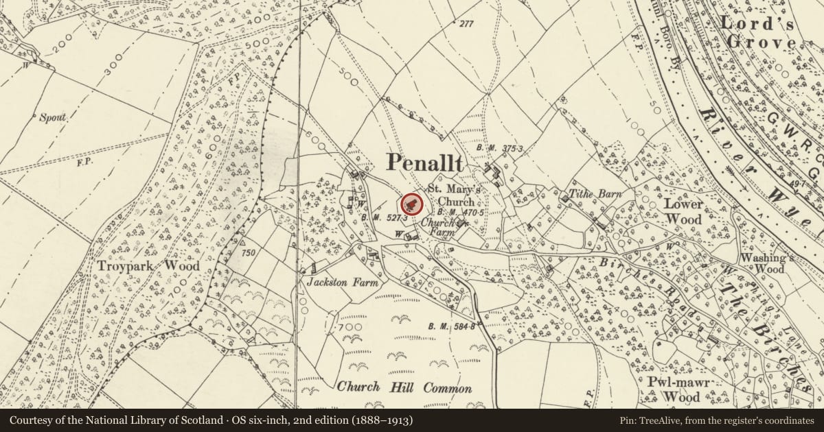 Ordnance Survey six-inch map, 2nd edition (1888–1913) covering the location of Penallt Old Church (St Mary's), Trellech United, Monmouthshire, with a pin at the register's coordinates