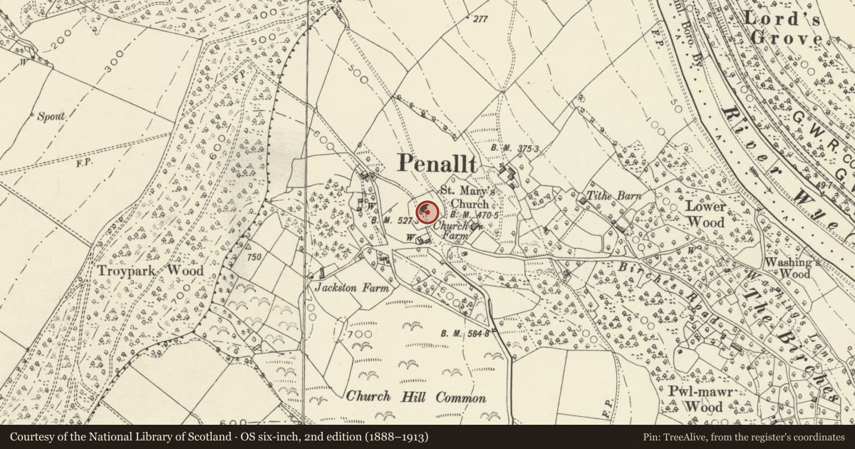 Ordnance Survey six-inch map, 2nd edition (1888–1913) covering the location of Cross in the Churchyard of Penallt Old Church (St Mary's), Trellech United, Monmouthshire, with a pin at the register's coordinates