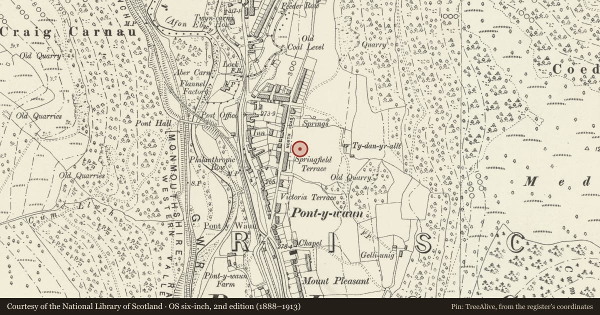 Ordnance Survey six-inch map, 2nd edition (1888–1913) covering the location of 63 Garden Suburbs, Crosskeys, Caerphilly, with a pin at the register's coordinates